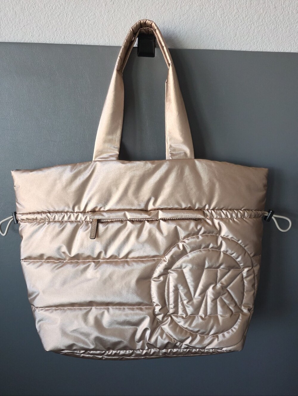 NWT Michael Kors Rae Large Quilted Nylon Tote Bag Rose Gold Metallic Puffer
